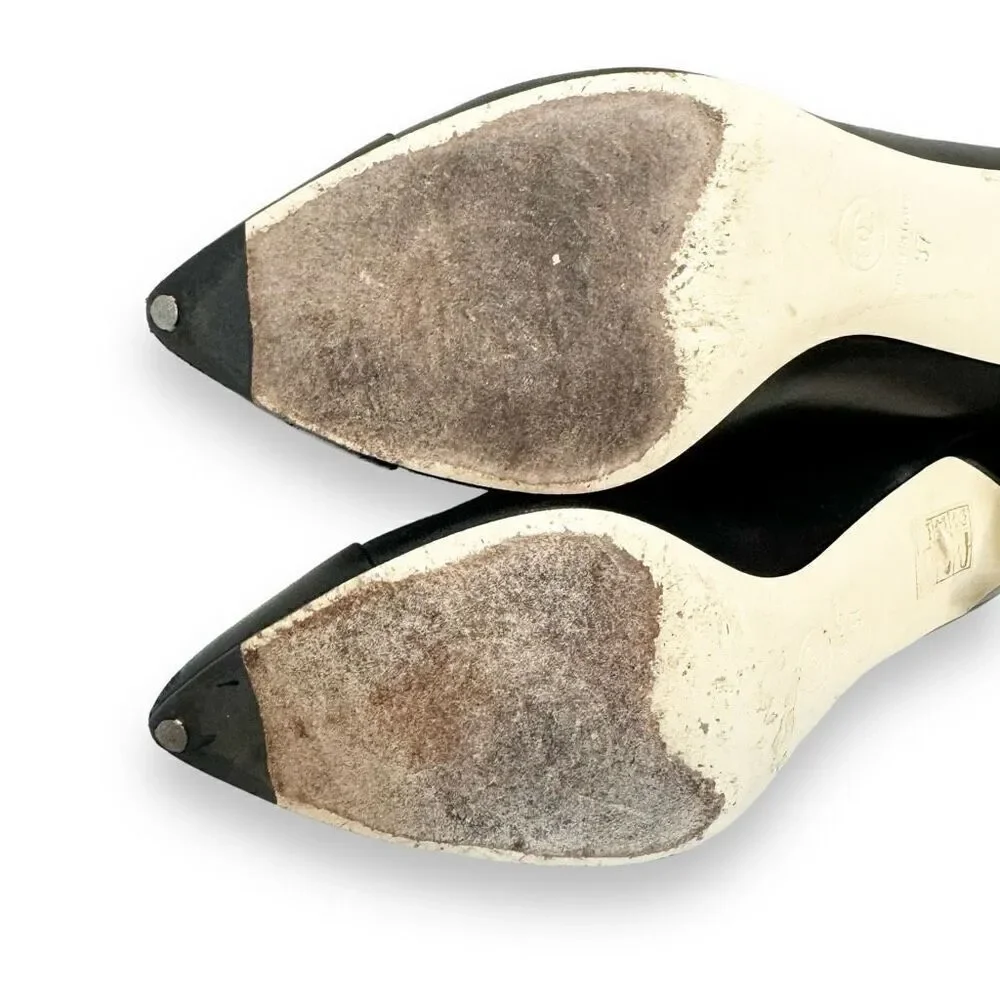 Chanel Black Matte Leather CC Gold Logo and Pearl Embellished Heel Pumps Size 37 - Picture 10 of 12